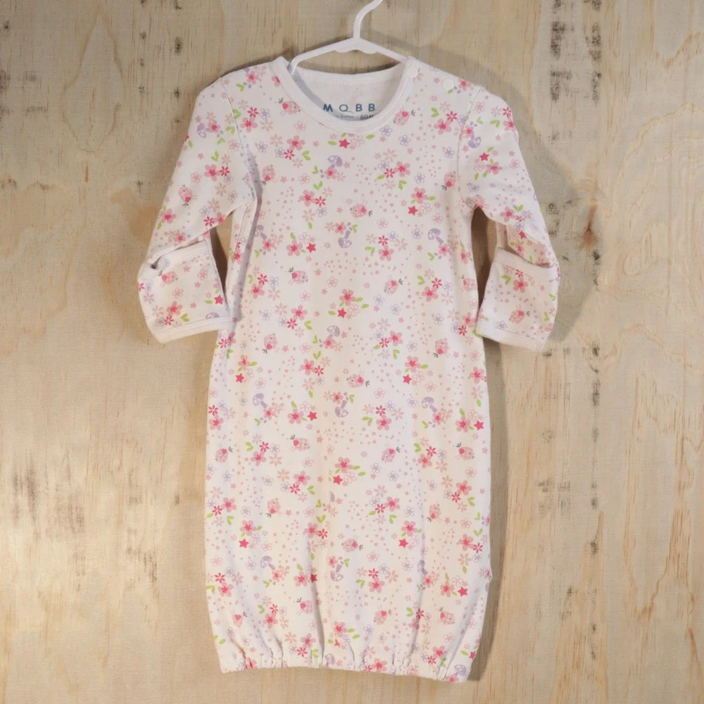 MQBB Organic Cotton Baby Sleep Gown Pink Floral Mushroom Birds 6-12M